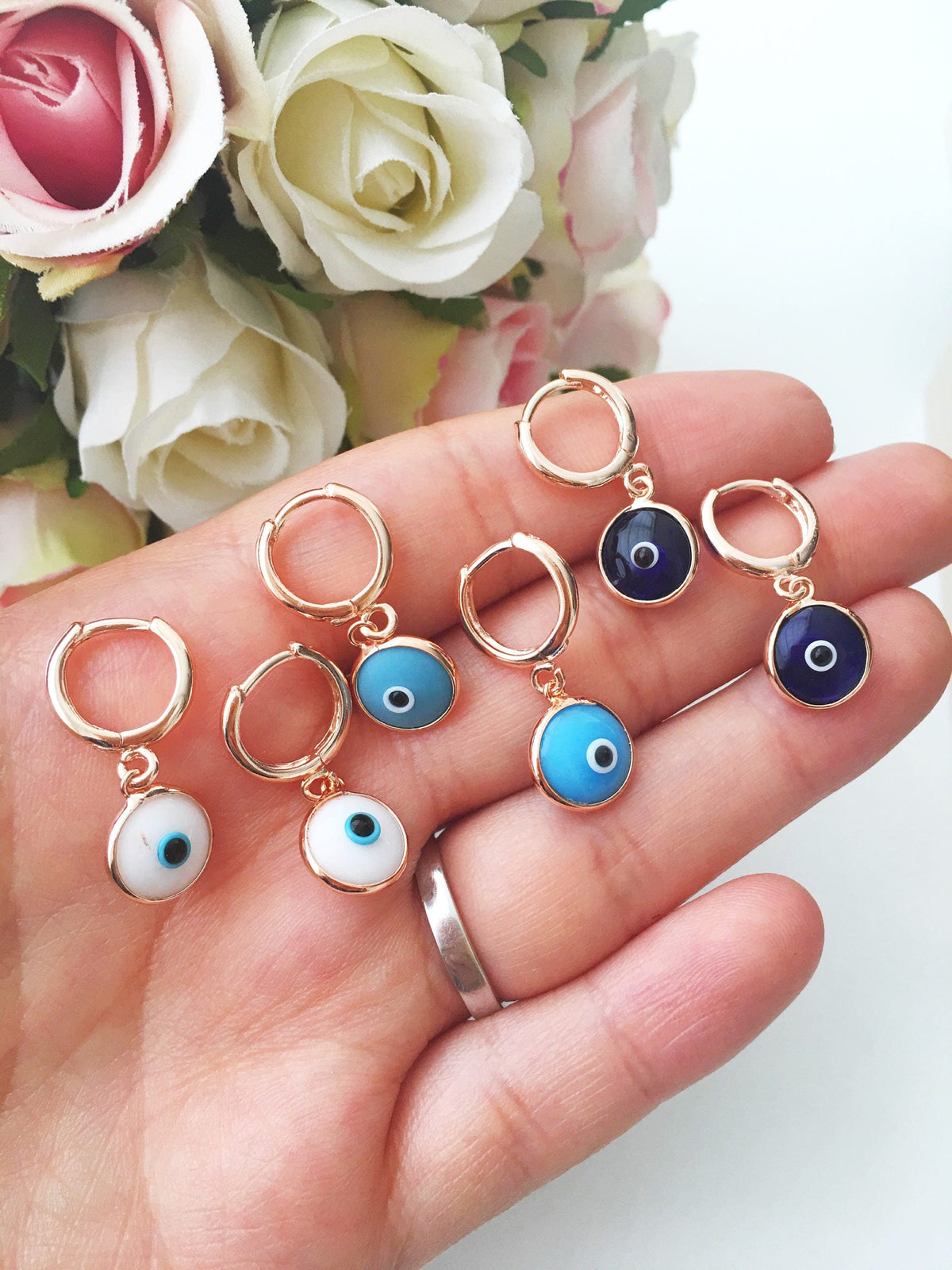 Aretes de Argolla Ojo Turco Cuenta Azul