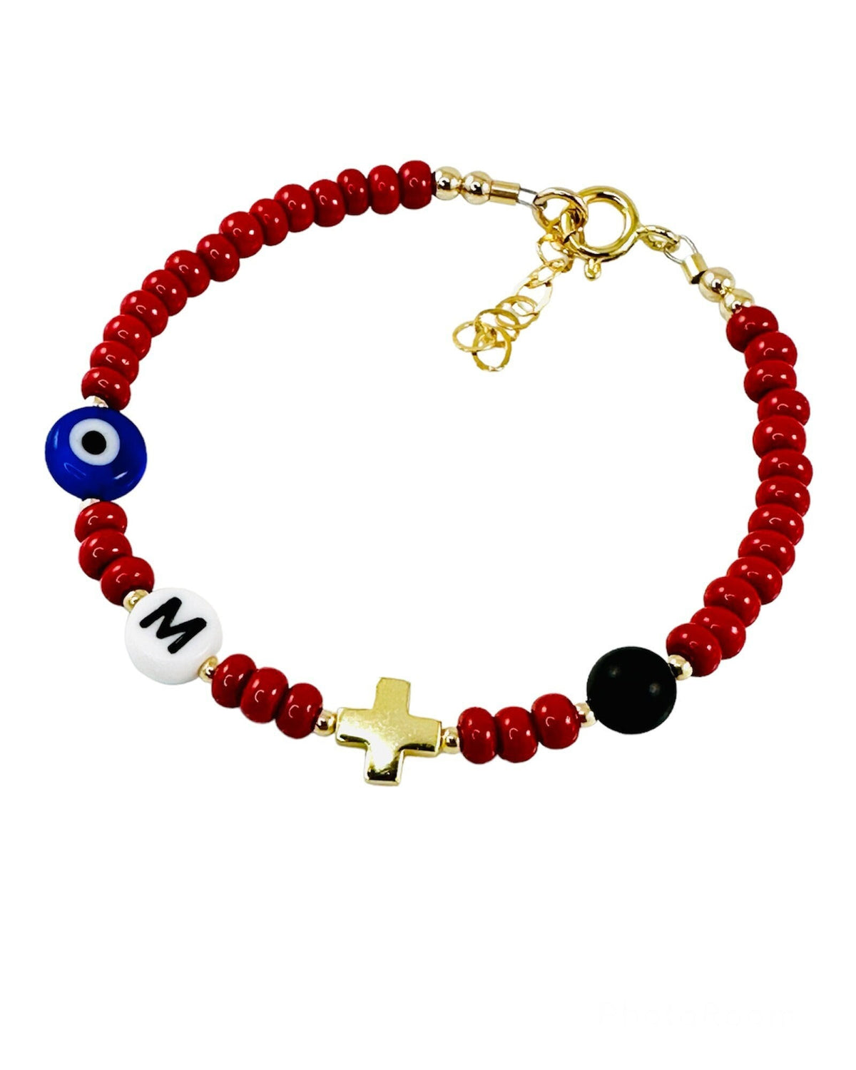 Pulsera Bebé Oro con Inicial, Cruz y Ojo Turco Rojo