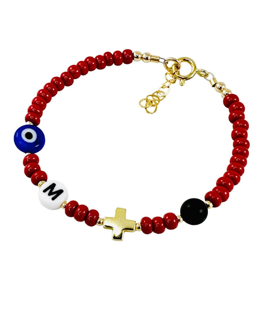 Pulsera Bebé Oro con Inicial, Cruz y Ojo Turco Rojo