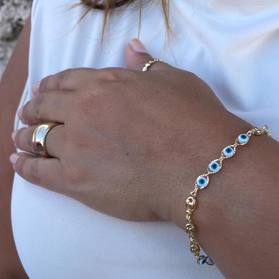 18k Gold Filled Blue Evil Eye Charm Bracelet with Puffy Mariner Links