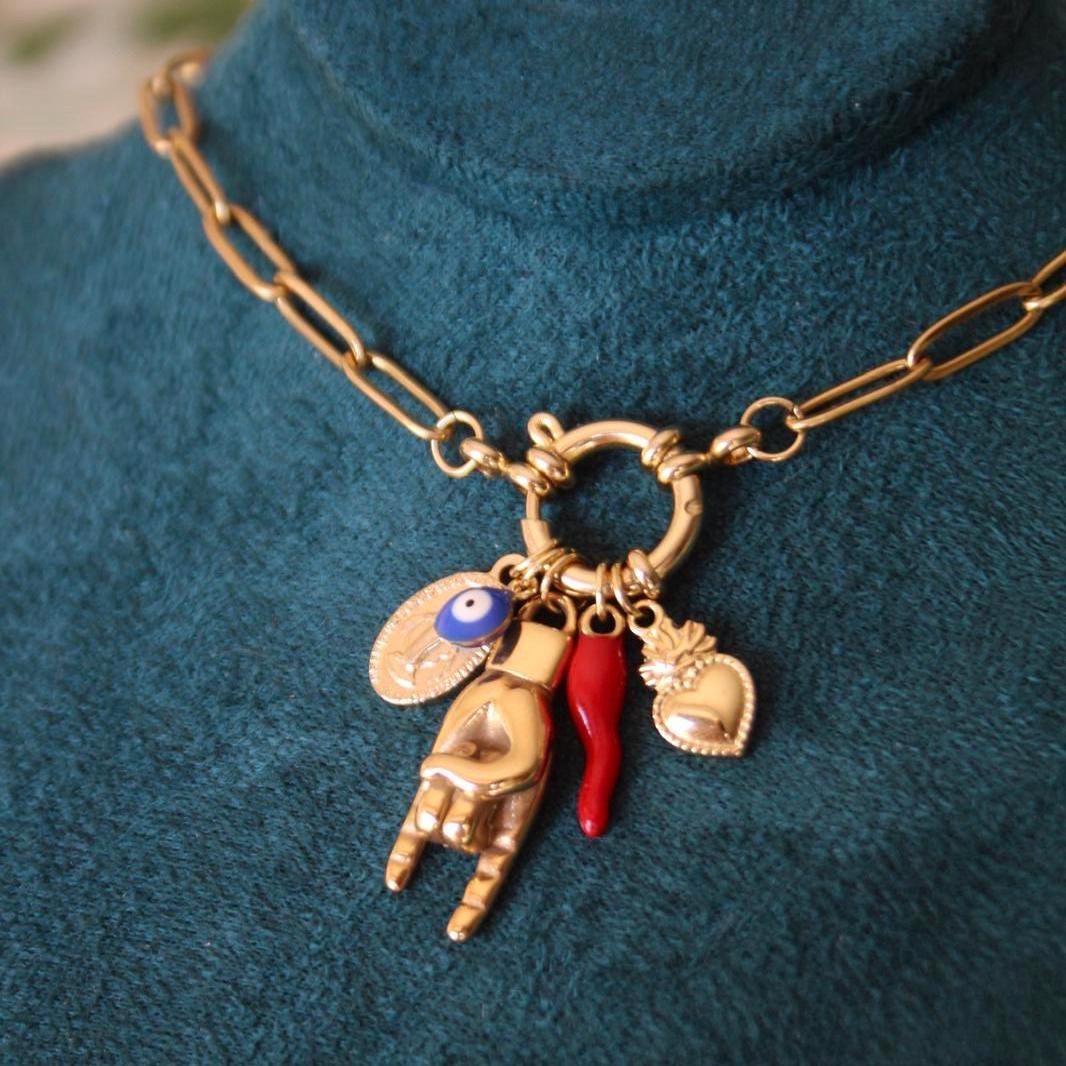 Collar personalizado de oro italiano de protección de la suerte, collar Mano Cornuto, collar del Sagrado Corazón, collar del Mal de Ojo, collar del Cuerno de la Suerte