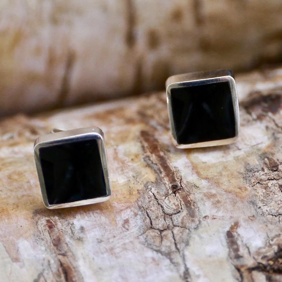 Aretes Azabache Cuadrados Plata