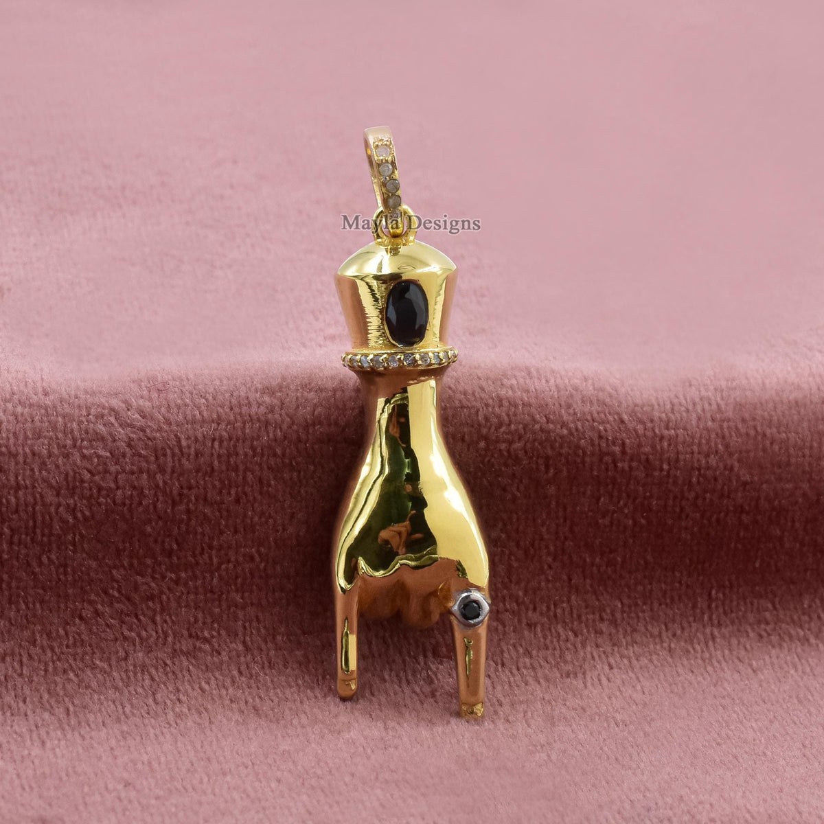 Yellow Gold Plated Figa Hand Pendant, Black Onyx, 925 Silver