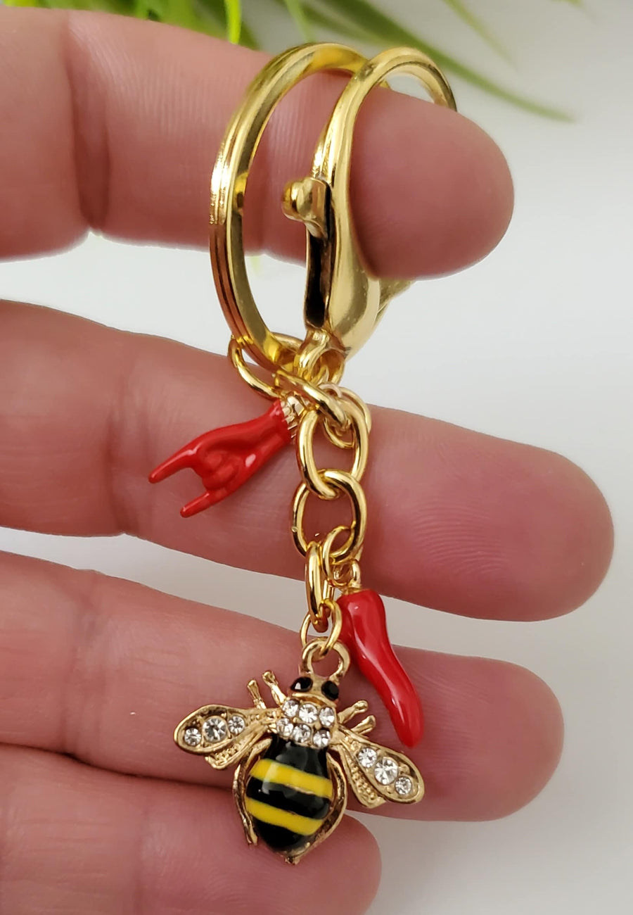 Portafortuna, Lucky Charms, Cornicello, Mano Cornuto y Bumble Bee, Llavero Calabrone
