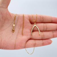 18k Gold Filled Box Chain Necklace With Minimalistic Luck Bone Pendant Design, Wishbone