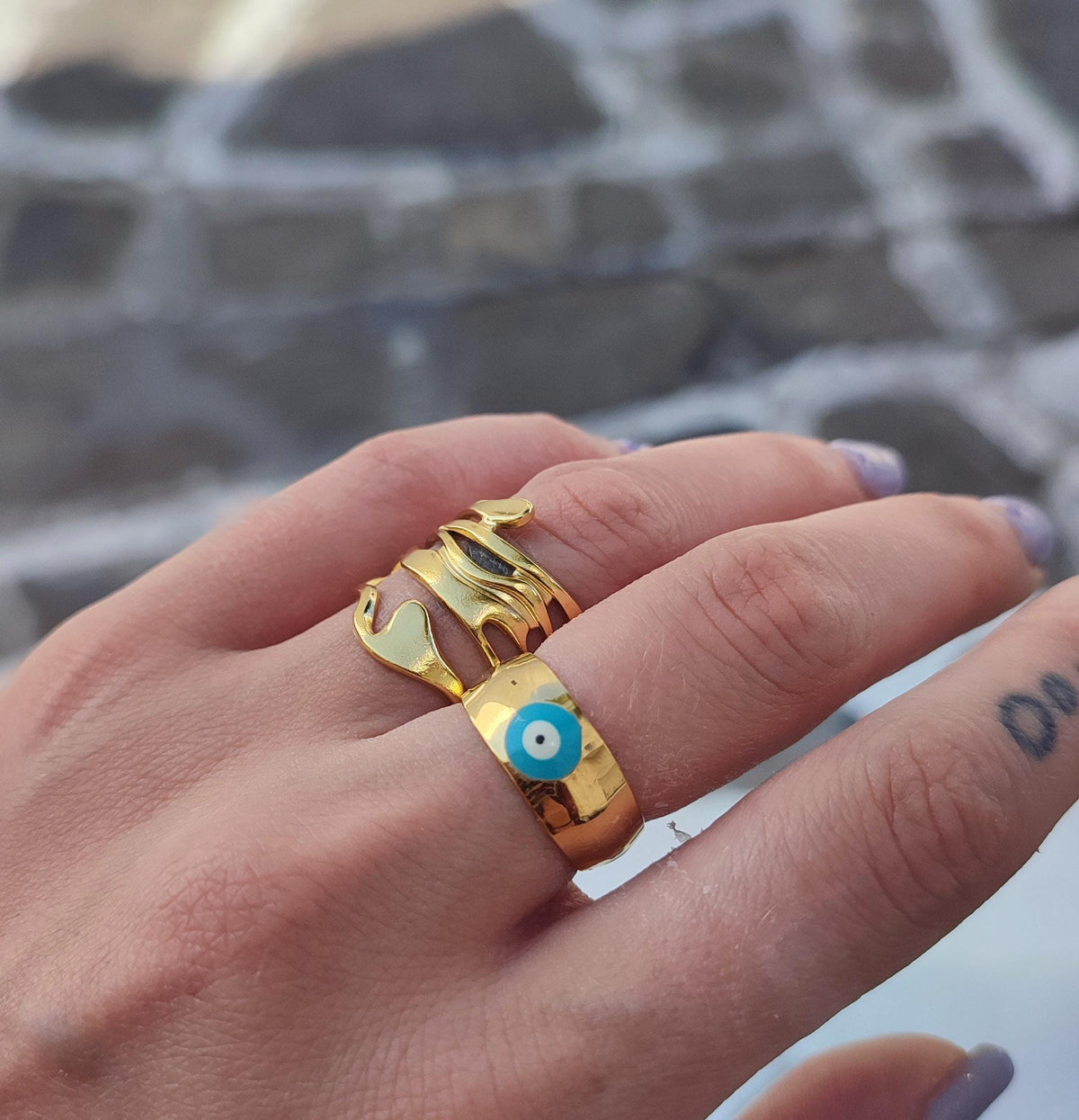 Anillo Ojo Turco Geométrico Abierto Dorado