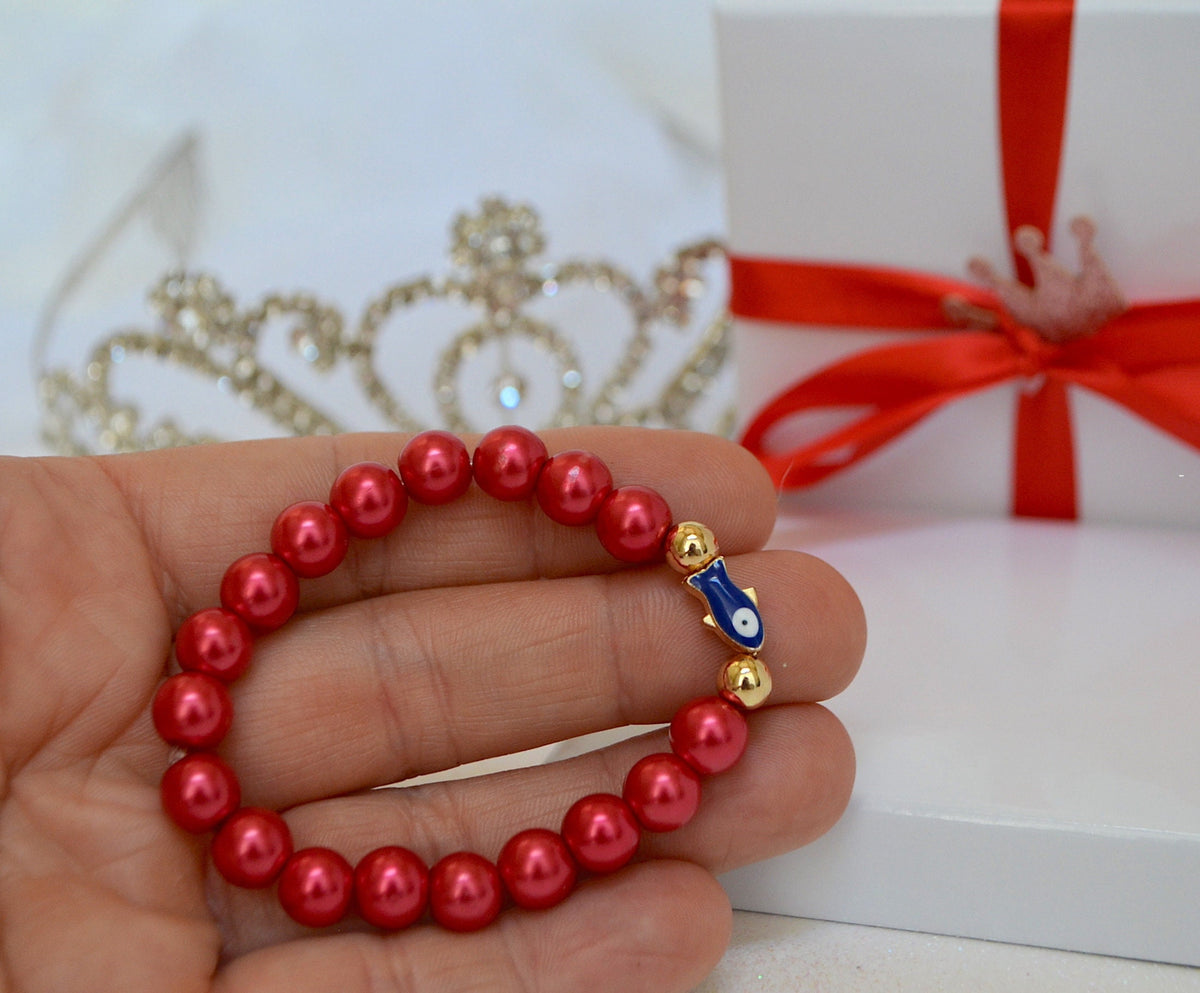 Pulsera Perlas Rojas Niña con Ojo Turco
