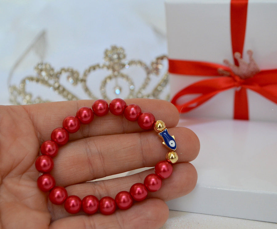 Pulsera Perlas Rojas Niña con Ojo Turco