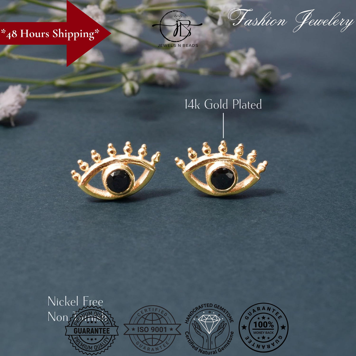 Aretes de Botón Ojo Turco Ónix Negro Oro 14K