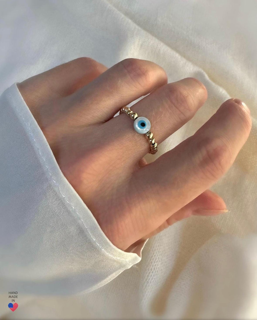 Anillo Cuentas Ojo Turco Oro 14K y Plata