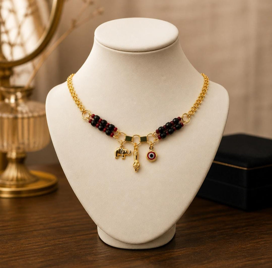 Collar Mano Azabache chapado en oro, amuleto de elefante y ojo turco, cadena de la buena suerte