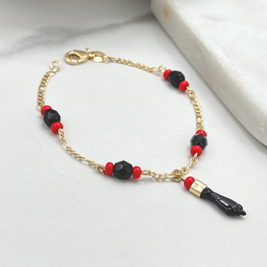 Pulsera Mano Figa Azabache Cadena Fígaro Oro 18K