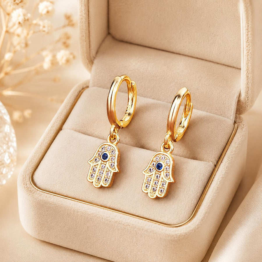 Aretes de Argolla Mano de Fátima y Ojo Turco Bendición