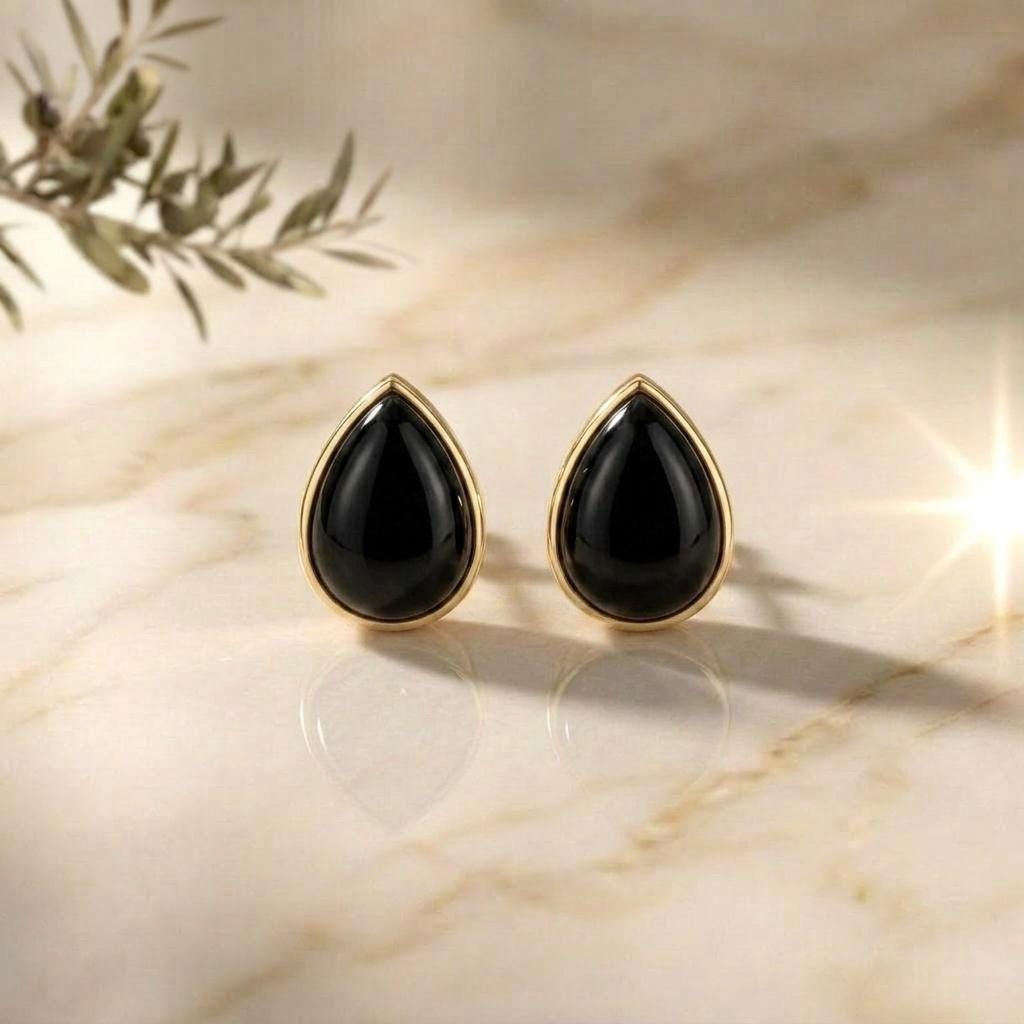 Aretes de Botón Gota Ónix Negro Plata 925