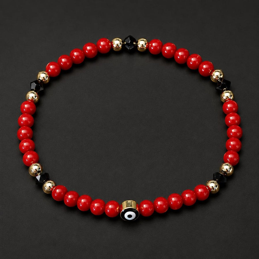 Pulsera Azabache Coral Rojo y Ojo Turco Oro 14K