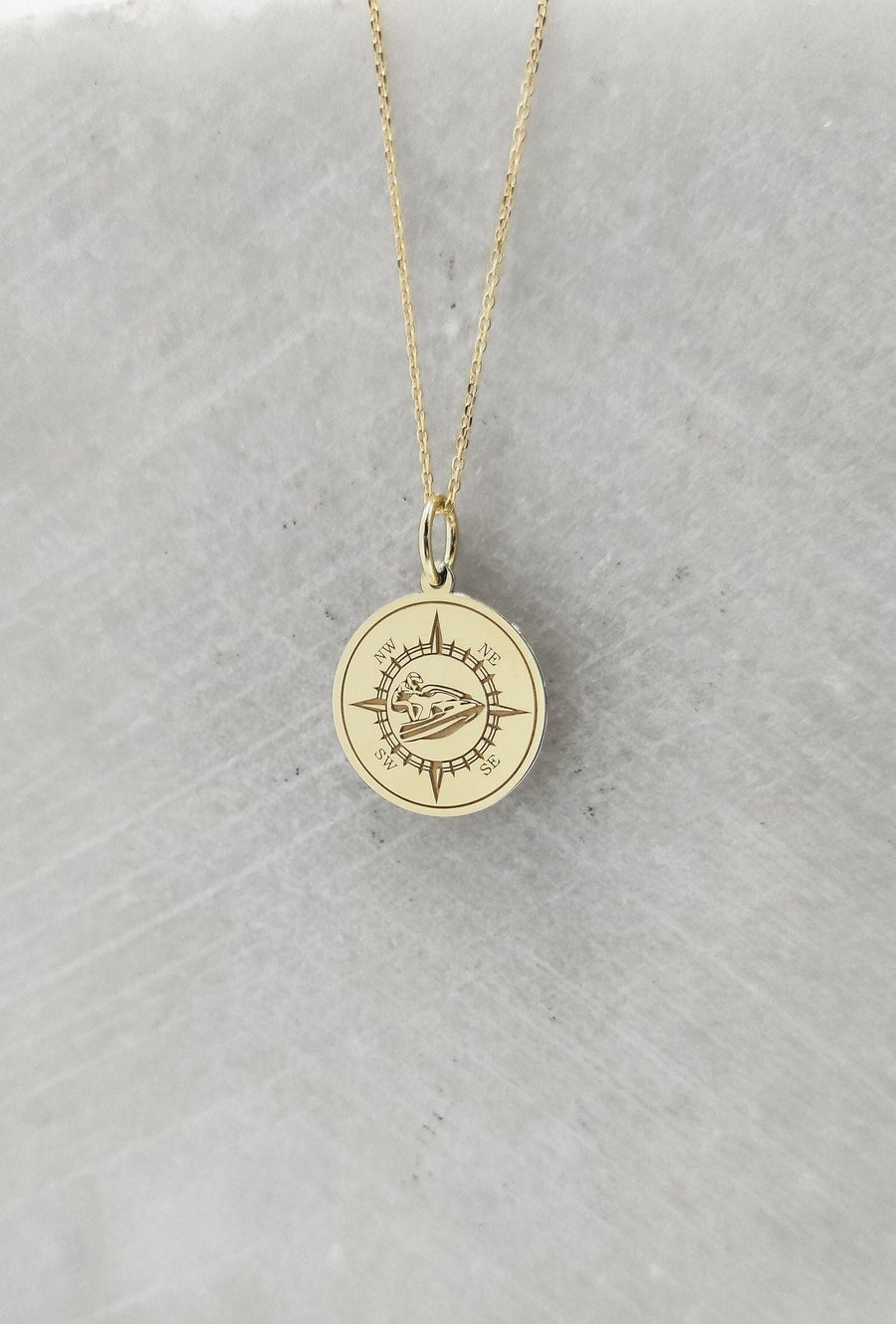 Collar con colgante de moto acuática de oro macizo de 14 quilates, dije de brújula grabado, collar playero, regalo de joyería celestial personalizado, regalo de cumpleaños para él o ella.
